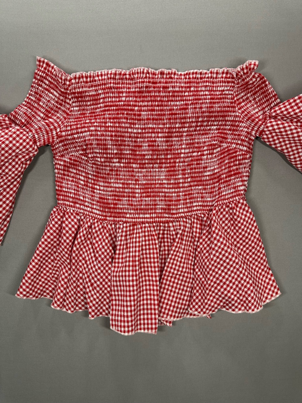 Us Together Off The Shoulder Bell Sleeve Shirred Ruffle Top, Gingham - Large - Picture 8 of 13